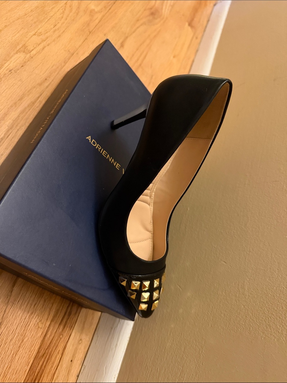 Adrienne Vittadini Black Pointed Toe Pump with Gold Pyramid Studs